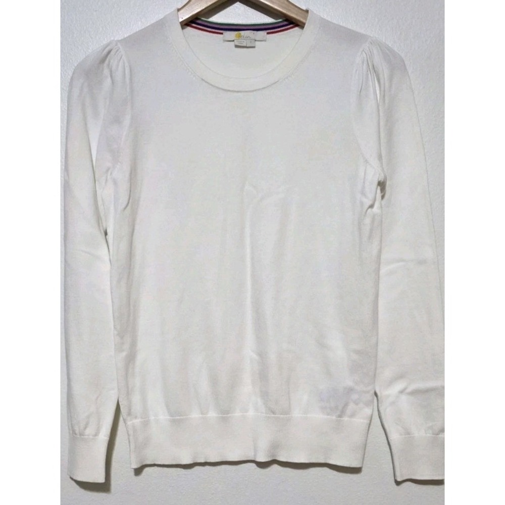 Boden White Cotton Blend Minimalist Classic‎ Knit Sweater S Ruching Long Sleeve